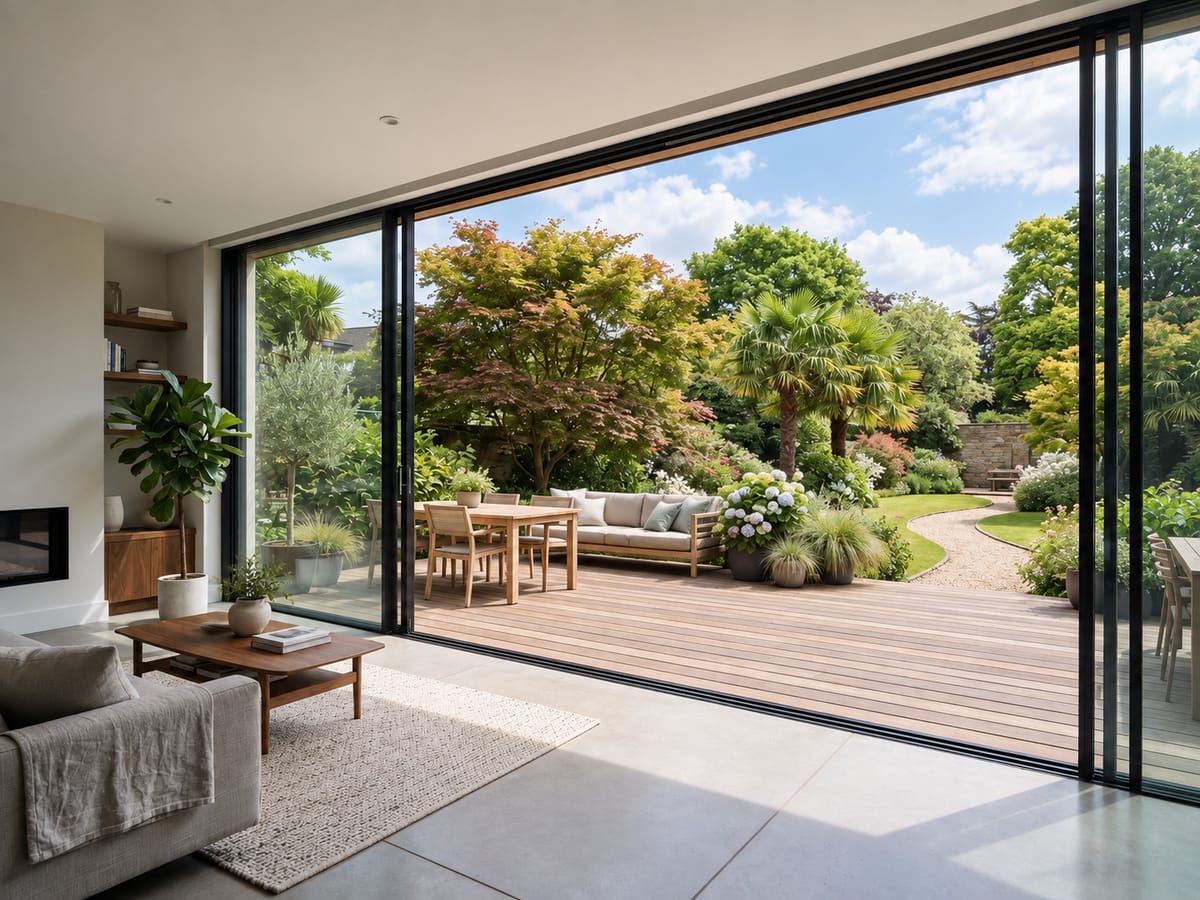 Panorama-Schiebetür zur Gartenterrasse von Trend Home Fenster